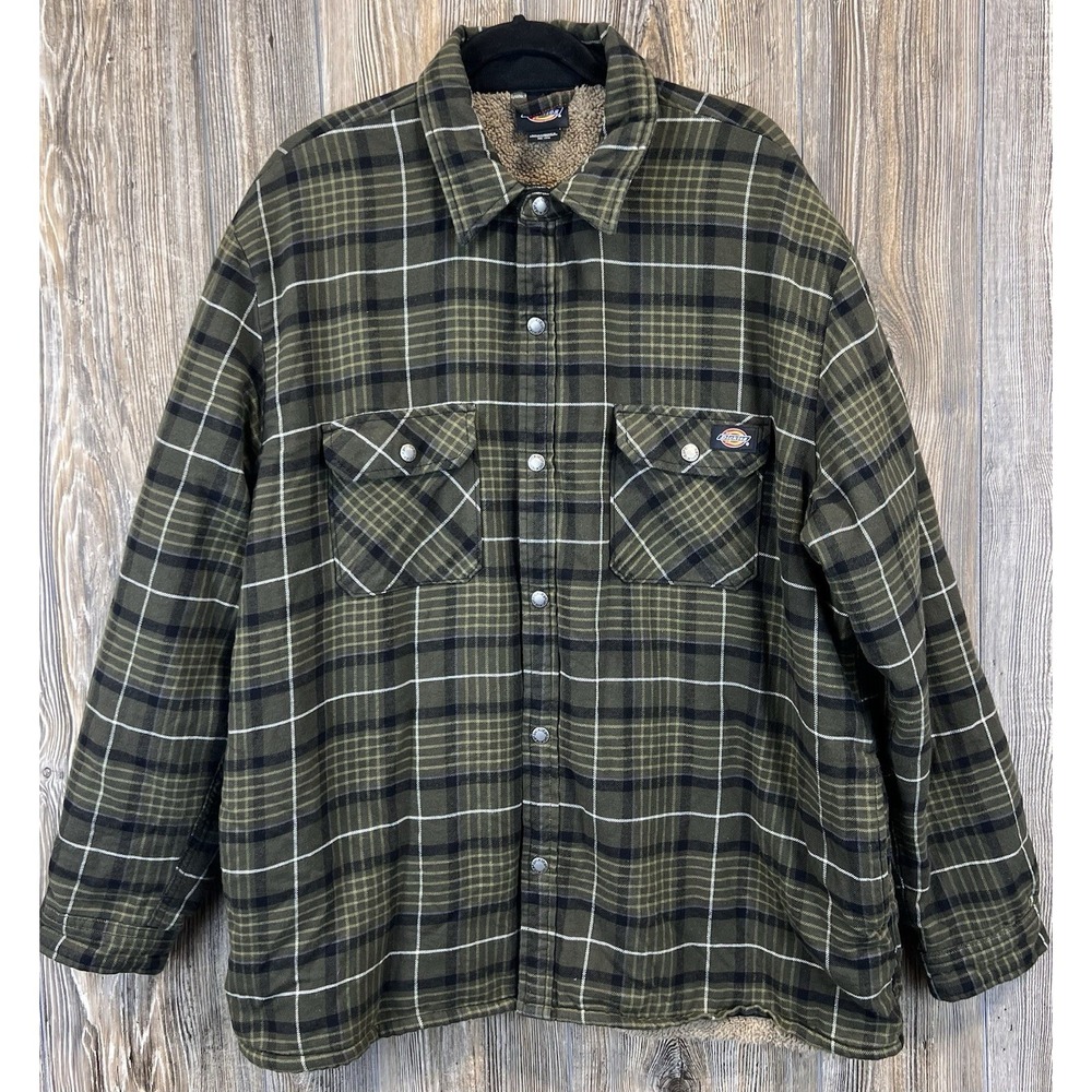 Dickies Flannel Shirt Jacket Men 2XL Sherpa Lined Shacket Green Plaid Gorpcore‎